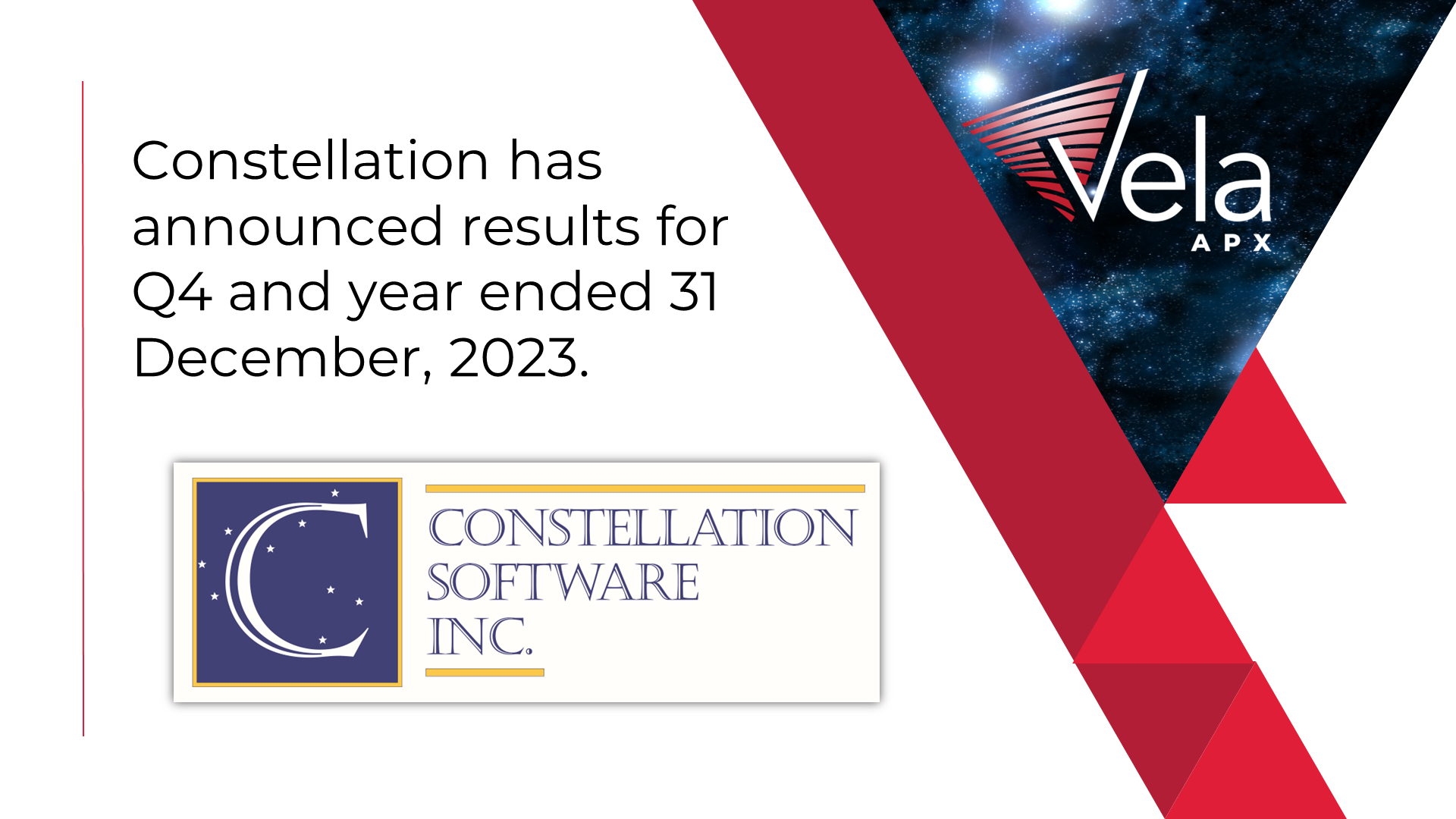Announcement of 2023 earnings results for Constellation Software Inc