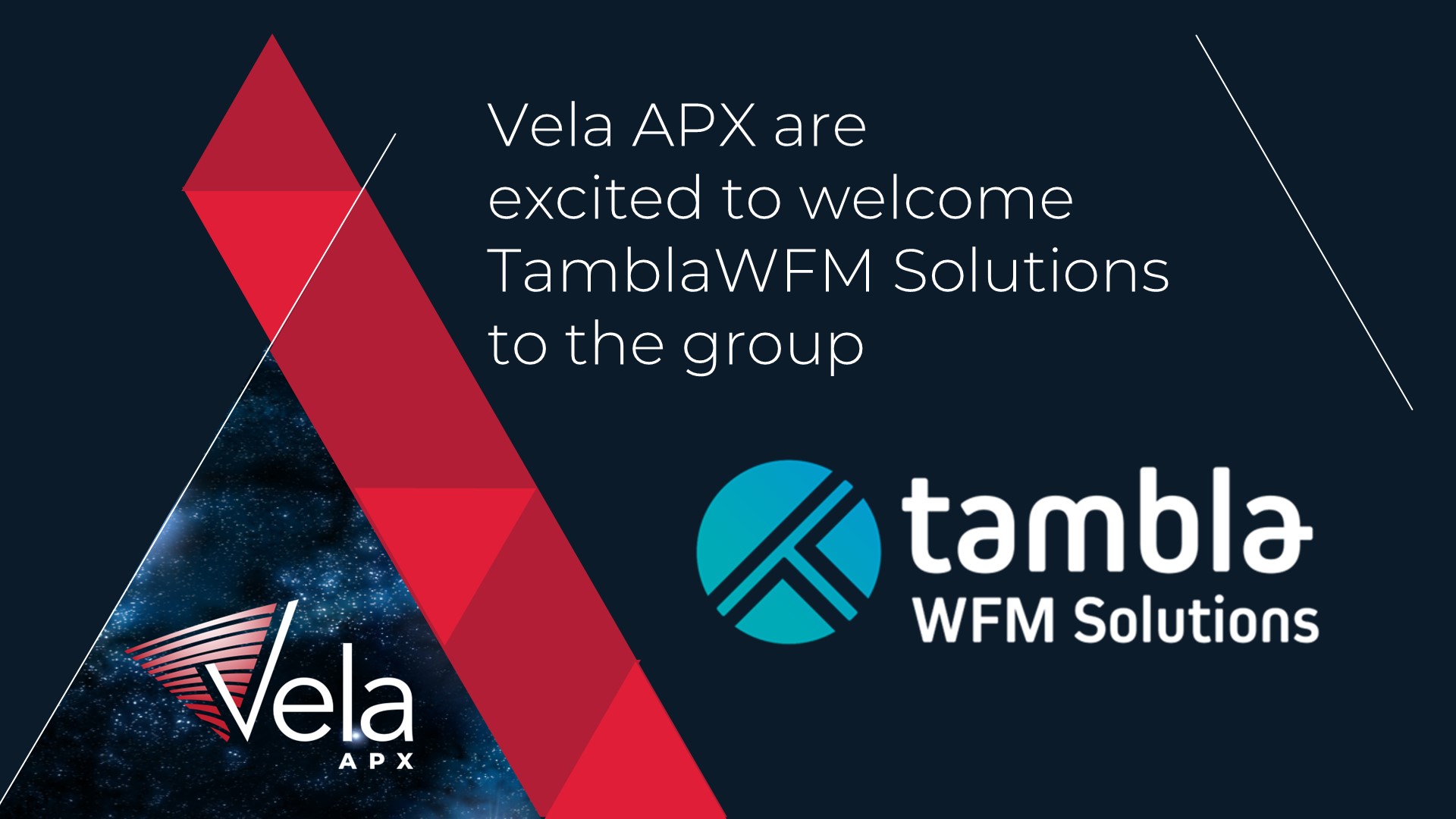 TamblaWFM Solutions logo and Vela APX logo on dark blue background with red triangles forming a divider line