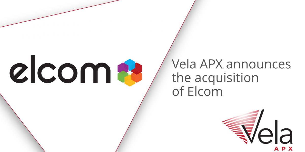 An Elcom logo with multi-coloured icon sitting on a large white triangle with a thin red outline and a light shadow on a white background.