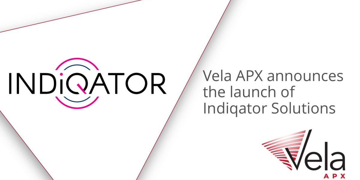The Indiqator Solutions company logo on a white triangle shape angled up and to the right. Th etriangle is raised with a shadow visible around it and a Vela APX logo in the bottom right corner